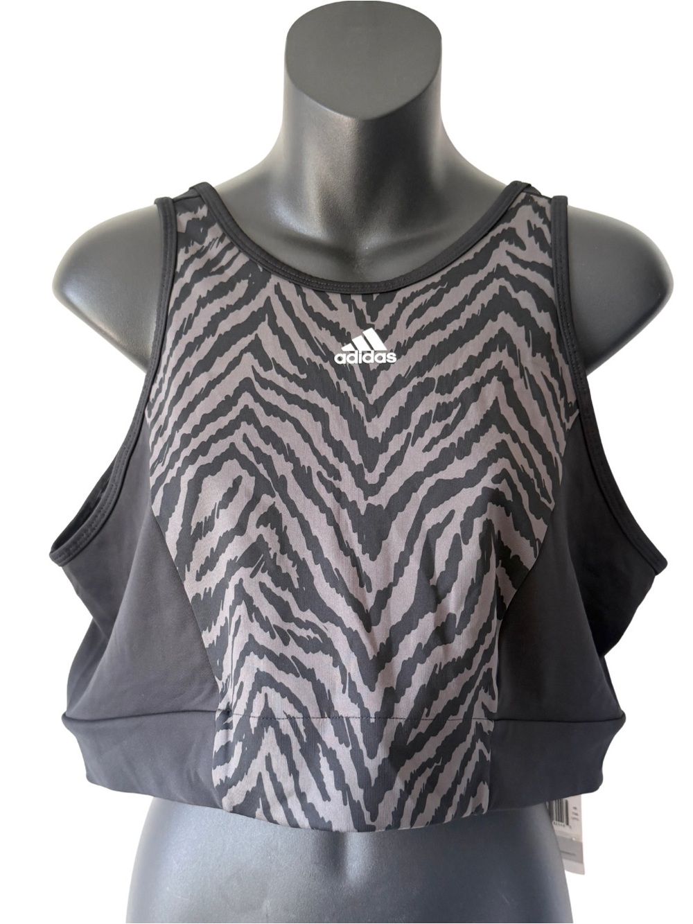 Adidas Zebra Print Crop Top Sports Bra Womens XL Black Gray Scoop Back Work Out